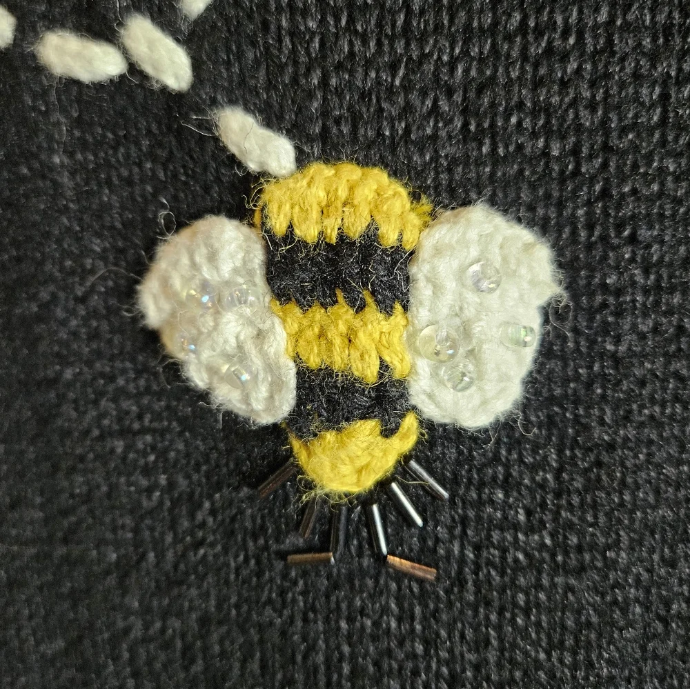 Vintage 90s Bumblebee Daisy Knit Vest Sz XL ? 3D Beaded Boho Grannycore Cottage - Picture 14 of 16